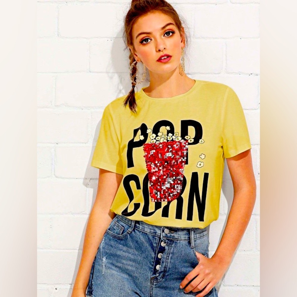 Letter Sequin Popcorn T-shirt